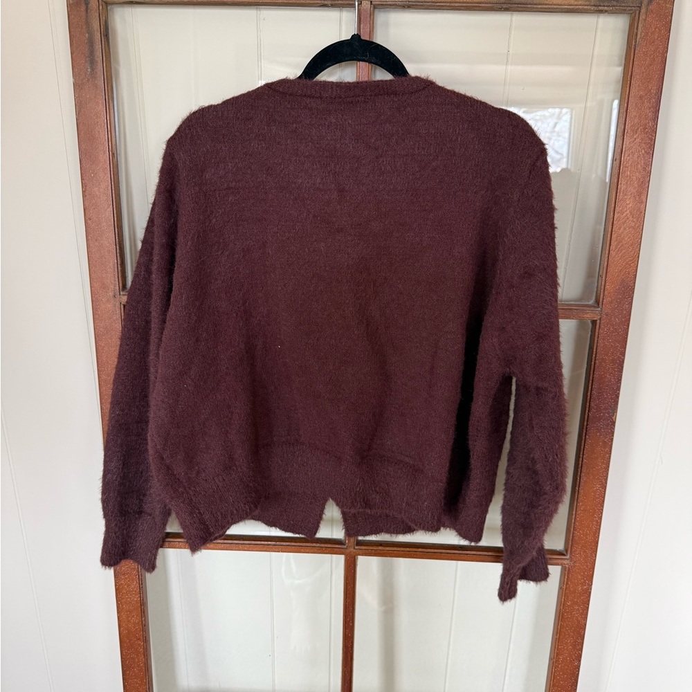 Cupshe NWT Burgundy Fuzzy Knit Cardigan with Pearl Bow Accents – Size Medium - Picture 4 of 5